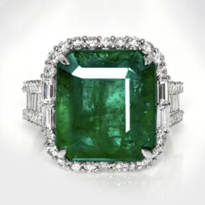 11.38Carat Zambian Emerald, With 1.62Carats of Natural Diamonds. Stock #2244R