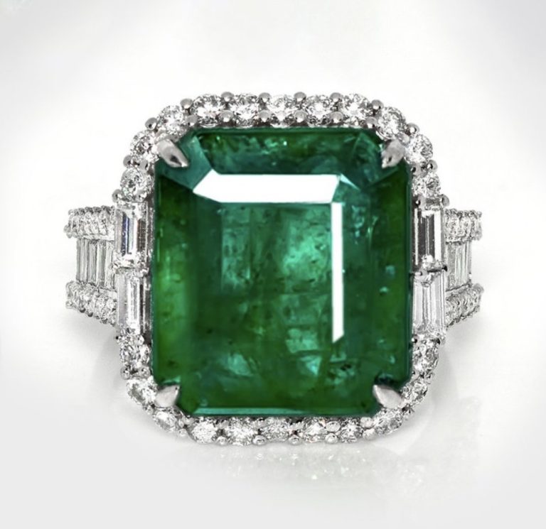 11.38Carat Zambian Emerald, With 1.62Carats of Natural Diamonds. Stock #2244R