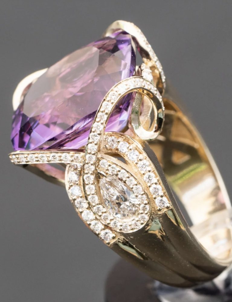 Lili-12.00 Carat Natural Purple Amethyst Ring with 1.25 Carats of Natural VS1 Diamonds.
